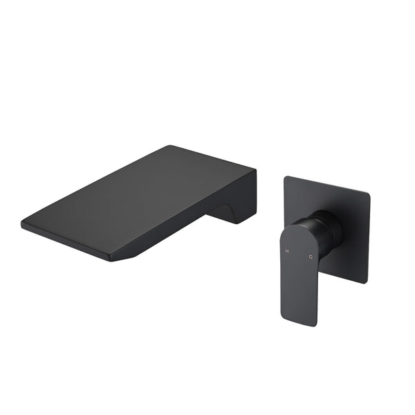 Modern Matte Black Wall Mount Bathroom Sink Faucet with Waterfall Spout and Brass Rough-in Valve