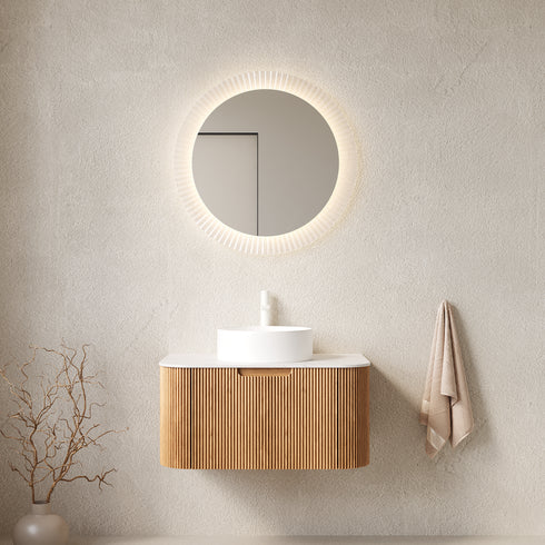 DINA 30' Bathroom Vanity&Sink, Floating Curved Edges Striped Bathroom Storage Cabinet with Drawer, White Round Ceramic Basin&Carrara White Artificial Marble Top, Pre-assembled, Natural Woodgrain Color