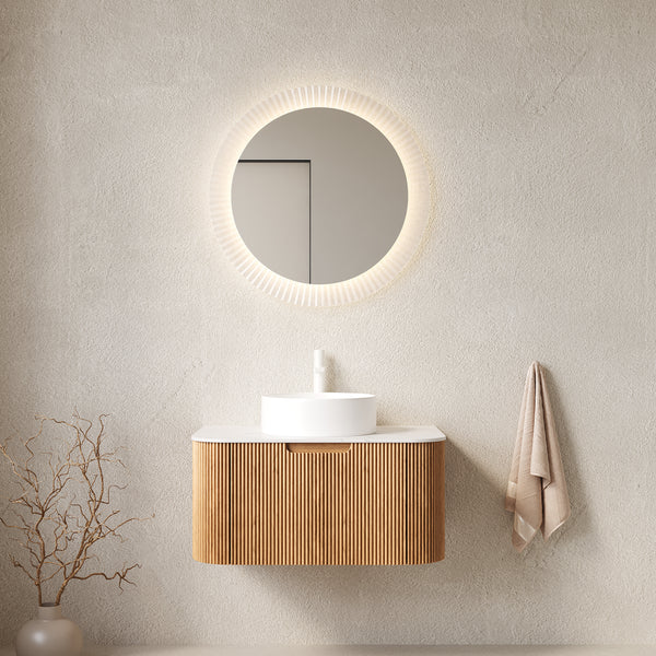 DINA 30' Bathroom Vanity&Sink, Floating Curved Edges Striped Bathroom Storage Cabinet with Drawer, White Round Ceramic Basin&Carrara White Artificial Marble Top, Pre-assembled, Natural Woodgrain Color