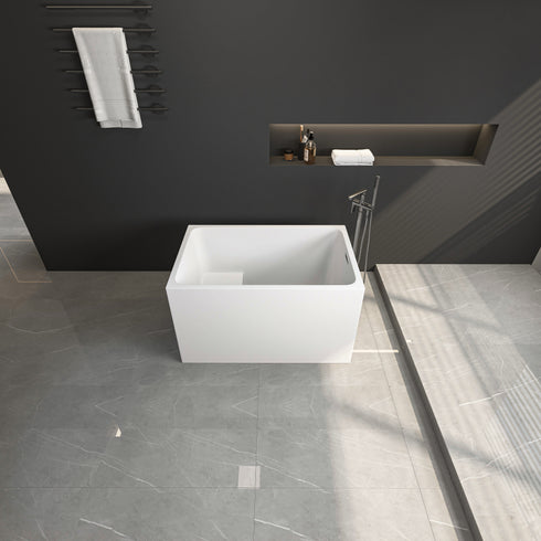 43' Acrylic Freestanding Bathtub with seat: Spacious rectangle Shape, Gloss White Finish, Chrome Overflow & Pop-Up Drain