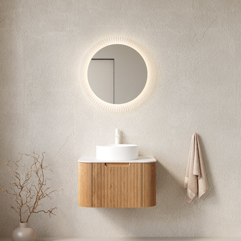 DINA 24' Bathroom Vanity&Sink, Floating Curved Edges Striped Bathroom Storage Cabinet with Drawer, White Round Ceramic Basin&Carrara White Artificial Marble Top, Pre-assembled, Natural Woodgrain Color