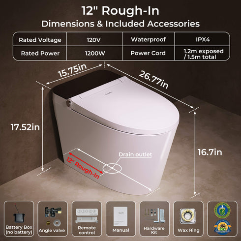 Bazyths Smart Toilet with Built-in Tank and Bidet, Auto Open/Close, Foot Sensor Flush, Heated Seat, Dryer, Elongated One-Piece Design, 12 in. Rough In, 110V-120V, ZY695A