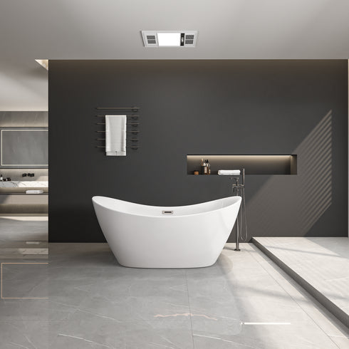 67" Acrylic Freestanding Bathtub, Gloss white, Twin slipper tub with chrome overflow and pop-up Drain, cUPC Certified