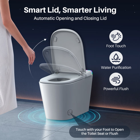 Bazyths Smart Toilet with Built-in Tank & Bidet, 4-Second Quiet Flush, Foam Shield, Auto Open/Close, Foot Sensor Flush, Ambient Lighting, Rimless Ceramic Bowl, Self-Cleaning, Tall Height, 12 in. Rough In, 110V-120V, ZY760A