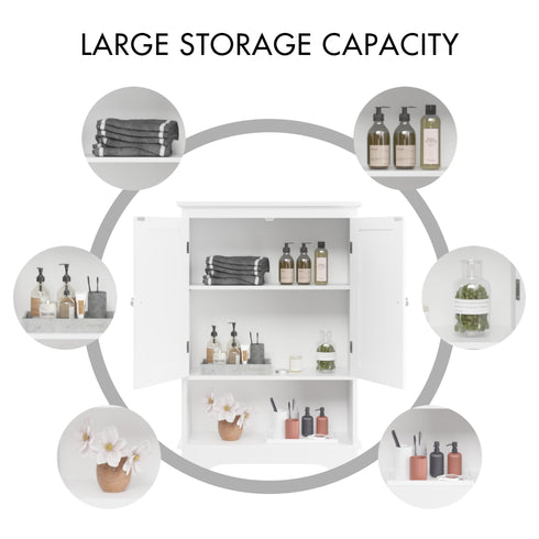 Over The Toilet Storage Cabinet, White Wood Bathroom Space Saver with Adjustable Shelf, MDF Construction, Retro-Modern Design