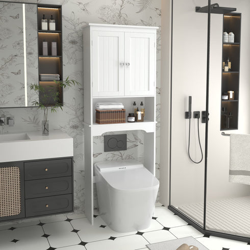 Over The Toilet Storage Cabinet, White Wood Bathroom Space Saver with Adjustable Shelf, MDF Construction, Retro-Modern Design