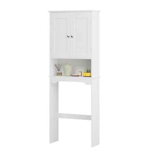Over The Toilet Storage Cabinet, White Wood Bathroom Space Saver with Adjustable Shelf, MDF Construction, Retro-Modern Design
