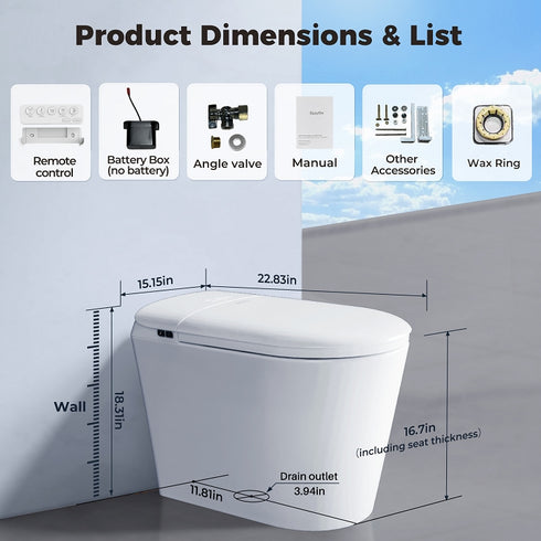 Bazyths Compact Smart Toilet for Small Bathroom, Built-in Tank & Bidet Auto Open/Close Foot Sensor Flush Dryer Heated Seat Soft Close One-Piece Design, 12 in. Rough In, 110V-120V (ZYS1 Mini)