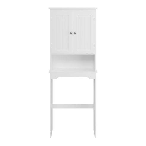 Over The Toilet Storage Cabinet, White Wood Bathroom Space Saver with Adjustable Shelf, MDF Construction, Retro-Modern Design