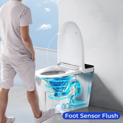 Bazyths Smart Bidet Toilet with Built-in Tank, Foot Sensor Flush, Heated Seat, Dryer, Elongated One-Piece Design,, 12 in. Rough In, 110V-120V (ZY695M, Manual Lid)