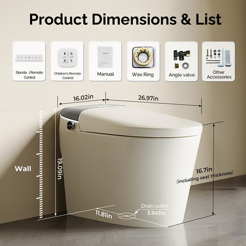 Bazyths Smart Toilet for Family Adult & Kids, Built-in Tank & Bidet Auto Open/Close Foot Sensor Flush Dryer Heated Seat Soft Close Elongated One-Piece Design, 12 in. Rough In, 110V-120V (ZY695A Family)