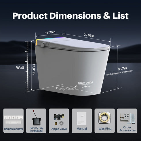 Bazyths Smart Toilet with Built-in Tank & Bidet, Quiet Flushing, Auto Open/Close, Foot Sensor Flush, Rimless Ceramic Bowl, Self-Cleaning, Tall Height, 12 in. Rough In, 110V-120V, ZY760A