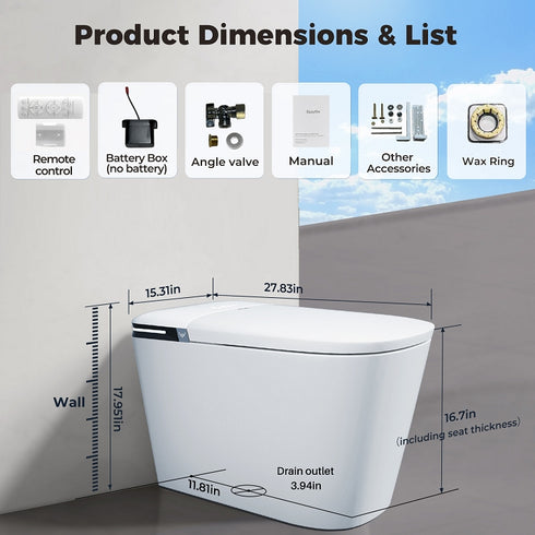 Bazyths Smart Bidet Toilet with Toilet Bowl Cleaner & Foam Shield, Built-in Tank Auto Open/Close Foot Sensor Flush Dryer Heated Seat Elongated One-Piece Design, 12 in. Rough In, 110V-120V (ZYC8A)