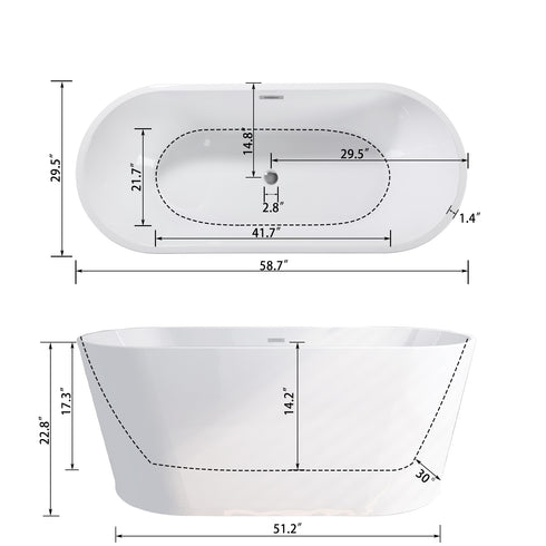 59" Acrylic Freestanding Bathtub, Stand Alone Soaking Tub, Glossy White Acrylic, Toe-tap Chrome Drain, cUPC Certified