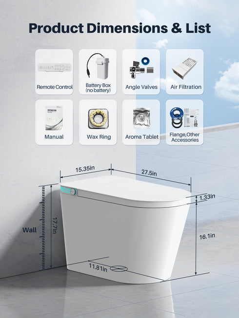 Bazyths Smart Toilet with Bidet, Water Purification, Auto Open/Close, Foot Touch Flush, Dryer, Heated Seat, Dual Flushes, Elongated One-Piece Design, ZYK7D