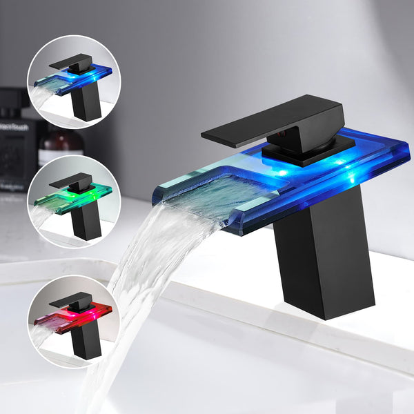 LED Bathroom Sink Faucet, 3 Colors Light Changing Waterfall Glass Spout Hot Cold Water Mixer Single Handle One Hole Deck Mounted Bathroom Faucet Black Lavatory Vanity Basin Bath Plumbing Fixtures