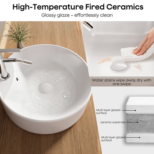 Bazyths Vessel Sink Bathroom Sink Restroom Sink Round Washbasin Above Counter White Porcelain Ceramic Modern Vanity Sink Art Basin Sink for Café Restaurant Washroom 16.1"L x 16.1"W x 5.7"H