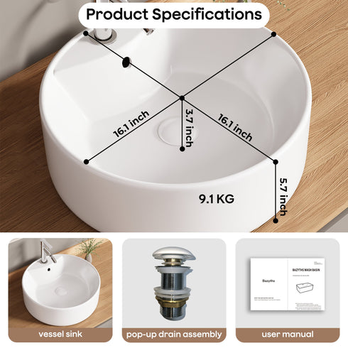 Bazyths Vessel Sink Bathroom Sink Restroom Sink Round Washbasin Above Counter White Porcelain Ceramic Modern Vanity Sink Art Basin Sink for Café Restaurant Washroom 16.1"L x 16.1"W x 5.7"H