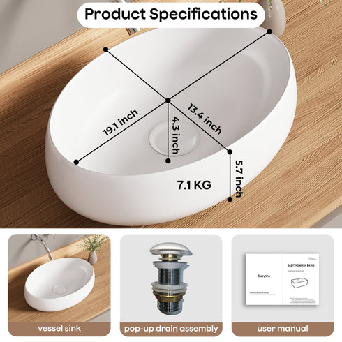 Bazyths Vessel Sink Bathroom Sink Restroom Sink Oval Washbasin Above Counter White Porcelain Ceramic Modern Vanity Sink Art Basin Sink for Bathrooms Café Restaurant Washroom 19.1"L x 13.4"W x 5.7"H