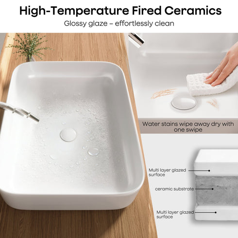 Bazyths Vessel Sink Bathroom Sink Restroom Sink Rectangle Above Counter White Porcelain Ceramic Modern Vanity Sink Art Basin Sink for Guest/Apartment Bathrooms 19.9"L x 15.6"W x 5.1"H
