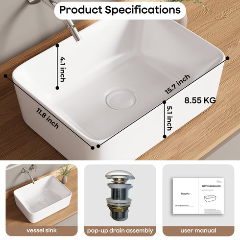 Bazyths Small Vessel Sink Bathroom Sink Restroom Sink Rectangle Above Counter White Porcelain Ceramic Modern Vanity Sink Art Basin Sink Mini Sink for Small/Apartment Bathrooms 15.7"L x 11.8"W x 5.1"H