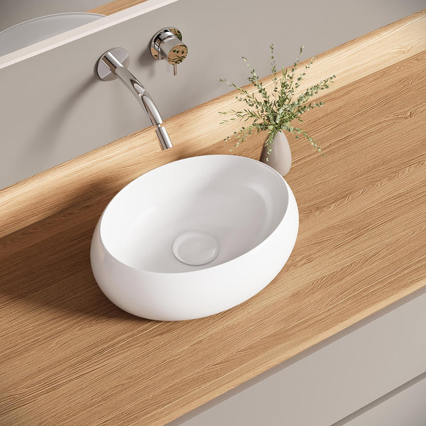 Bazyths Vessel Sink Bathroom Sink Restroom Sink Oval Washbasin Above Counter White Porcelain Ceramic Modern Vanity Sink Art Basin Sink for Guest Bathrooms Restaurant Washroom 16.1"L x 12.2"W x 5.1"H