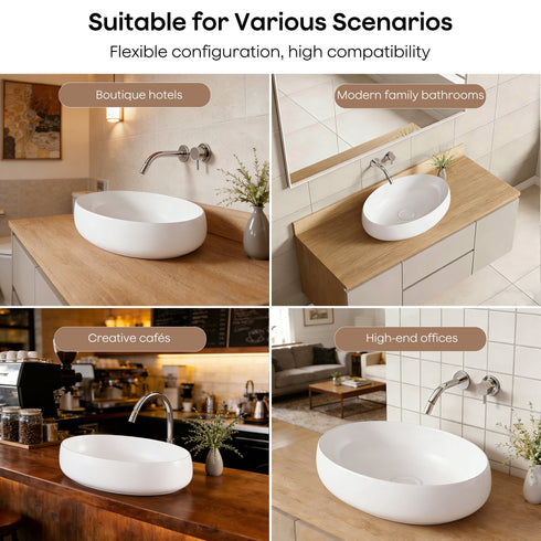 Bazyths Vessel Sink Bathroom Sink Restroom Sink Oval Washbasin Above Counter White Porcelain Ceramic Modern Vanity Sink Art Basin Sink for Guest Bathrooms Restaurant Washroom 16.1"L x 12.2"W x 5.1"H