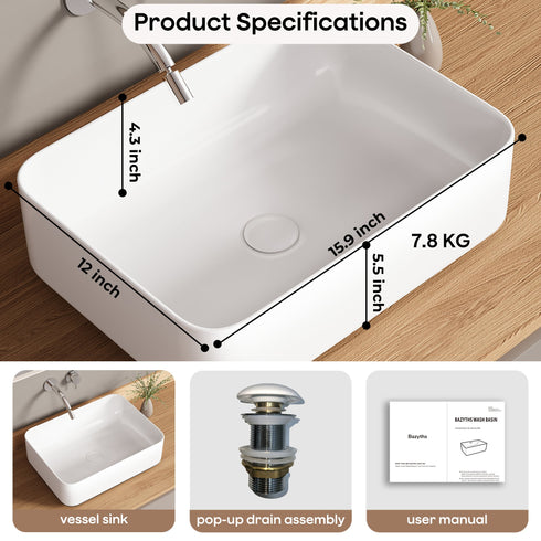 Bazyths Small Vessel Sink Bathroom Sink Restroom Sink Rectangle Above Counter White Porcelain Ceramic Modern Vanity Sink Art Basin Sink Mini Sink for Guest/Apartment Bathrooms 15.9"Lx12"Wx5.5"H