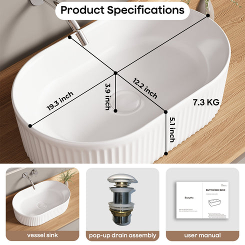Bazyths Small Vessel Sink Bathroom Sink Restroom Sink Rectangle Above Counter White Porcelain Ceramic Modern Vanity Sink Art Basin Sink Mini Sink for Small/Apartment Bathrooms 19.3"L x 12.2"W x 5.1"H