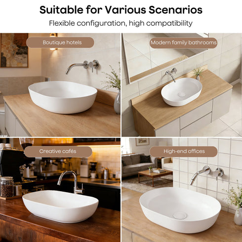 Bazyths Vessel Sink Bathroom Sink Restroom Sink Oval Washbasin Above Counter White Porcelain Ceramic Modern Vanity Sink Art Basin Sink for Guest Bathrooms Restaurant Washroom 19.7"L x 14.2"W x 5.1"H