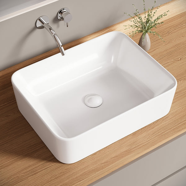Bazyths Vessel Sink Bathroom Sink Restroom Sink Rectangle Above Counter White Porcelain Ceramic Modern Vanity Sink Art Basin Sink for Guest/Apartment Bathrooms 18.9"L x 14.6"W x 5.1"H