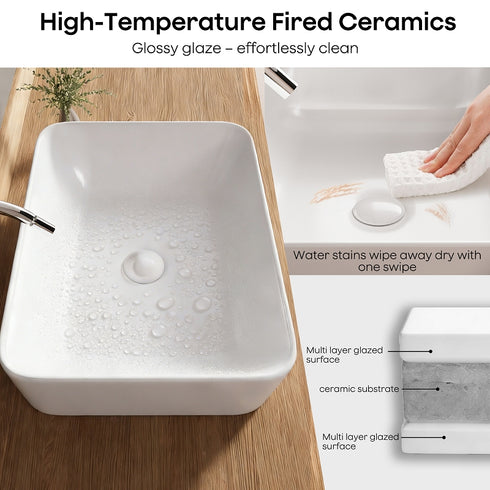 Bazyths Vessel Sink Bathroom Sink Restroom Sink Rectangle Above Counter White Porcelain Ceramic Modern Vanity Sink Art Basin Sink for Guest/Apartment Bathrooms 18.9"L x 14.6"W x 5.1"H
