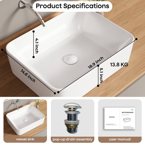 Bazyths Vessel Sink Bathroom Sink Restroom Sink Rectangle Above Counter White Porcelain Ceramic Modern Vanity Sink Art Basin Sink for Guest/Apartment Bathrooms 18.9"L x 14.6"W x 5.1"H