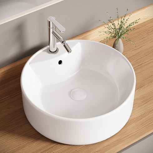 Bazyths Vessel Sink Bathroom Sink Restroom Sink Round Washbasin Above Counter White Porcelain Ceramic Modern Vanity Sink Art Basin Sink for Café Restaurant Washroom 16.1"L x 16.1"W x 5.7"H