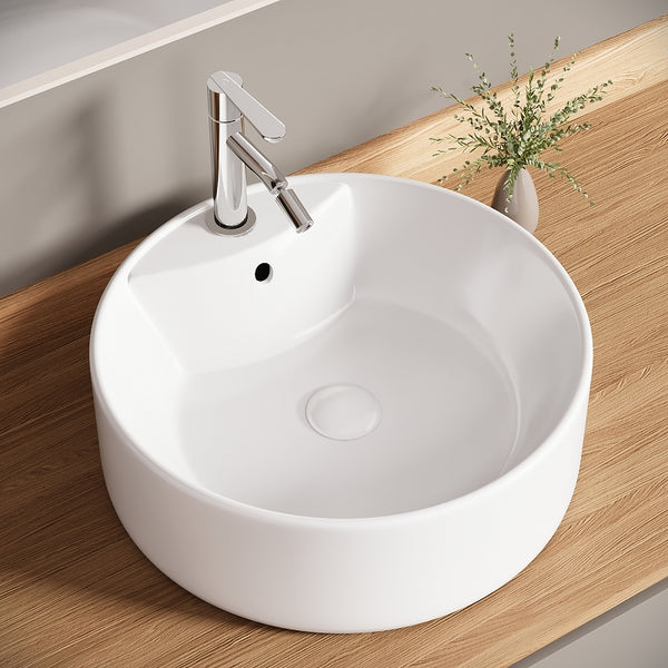 Bazyths Vessel Sink Bathroom Sink Restroom Sink Round Washbasin Above Counter White Porcelain Ceramic Modern Vanity Sink Art Basin Sink for Café Restaurant Washroom 16.1"L x 16.1"W x 5.7"H
