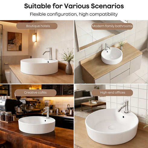 Bazyths Vessel Sink Bathroom Sink Restroom Sink Round Washbasin Above Counter White Porcelain Ceramic Modern Vanity Sink Art Basin Sink for Café Restaurant Washroom 16.1"L x 16.1"W x 5.7"H