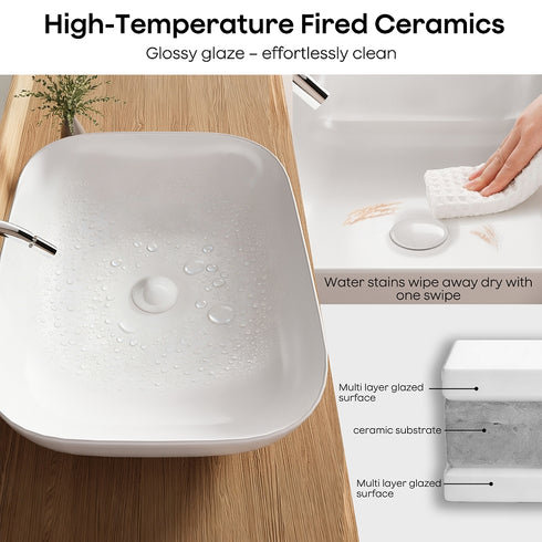 Bazyths Vessel Sink Bathroom Sink Restroom Sink Rectangle Above Counter White Porcelain Ceramic Modern Vanity Sink Art Basin Sink for Guest/Apartment Bathrooms 19.7"L x 15.7"W x 5.5"H