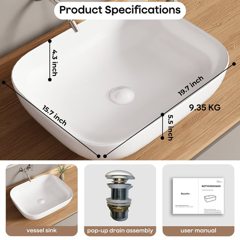 Bazyths Vessel Sink Bathroom Sink Restroom Sink Rectangle Above Counter White Porcelain Ceramic Modern Vanity Sink Art Basin Sink for Guest/Apartment Bathrooms 19.7"L x 15.7"W x 5.5"H