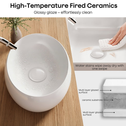 Bazyths Vessel Sink Bathroom Sink Restroom Sink Oval Washbasin Above Counter White Porcelain Ceramic Modern Vanity Sink Art Basin Sink for Guest Bathrooms Restaurant Washroom 16.1"L x 12.2"W x 5.1"H