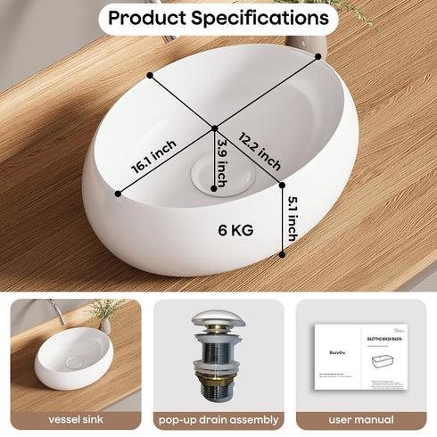 Bazyths Vessel Sink Bathroom Sink Restroom Sink Oval Washbasin Above Counter White Porcelain Ceramic Modern Vanity Sink Art Basin Sink for Guest Bathrooms Restaurant Washroom 16.1"L x 12.2"W x 5.1"H